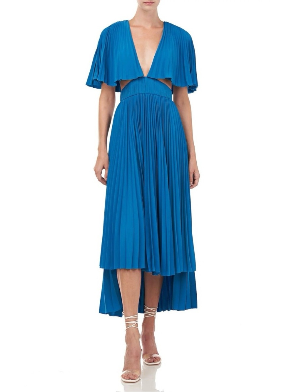 AMUR Pleated Deep V High-Low Dress in Bright Blue